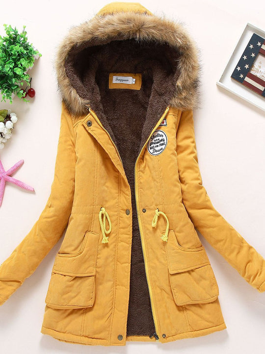 Casual Fur Collar Lambskin Plus Velvet Thickened Loose Mid-length Cotton Coat