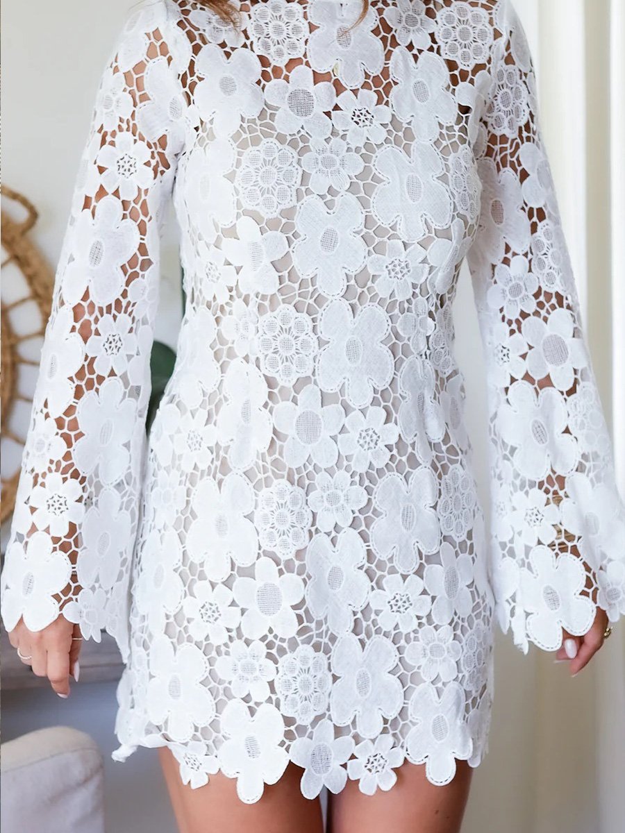 Fashion Round Neck Lace Flower Double Layer Long Sleeve Hollow Dress