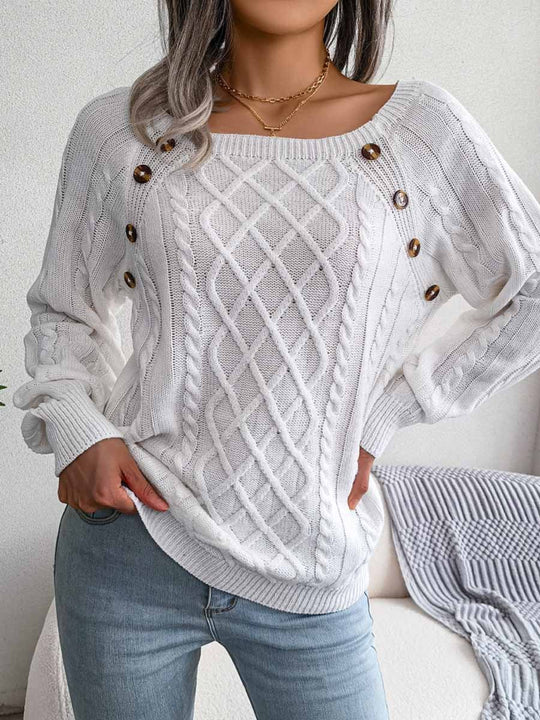 Square Neck Button Cable Knit Pullover