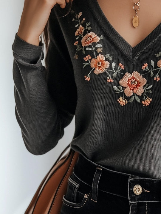 Casual V-neck Cotton Floral Embroidered Long-sleeved Top