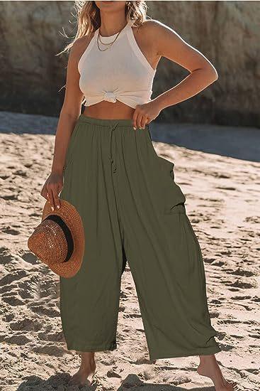 Elastic Waist Pleated Loose Casual Cotton and Linen High Waist Wide Leg Pants