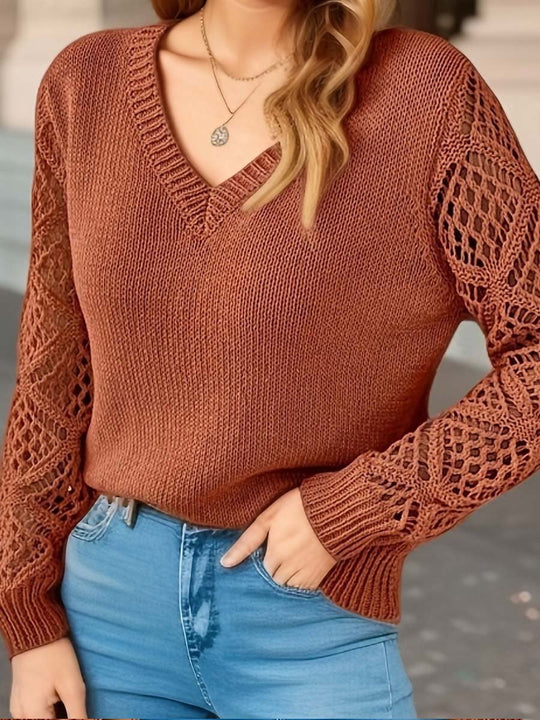 Hollow Jacquard Knit Long Sleeve V-Neck Bottoming Sweater