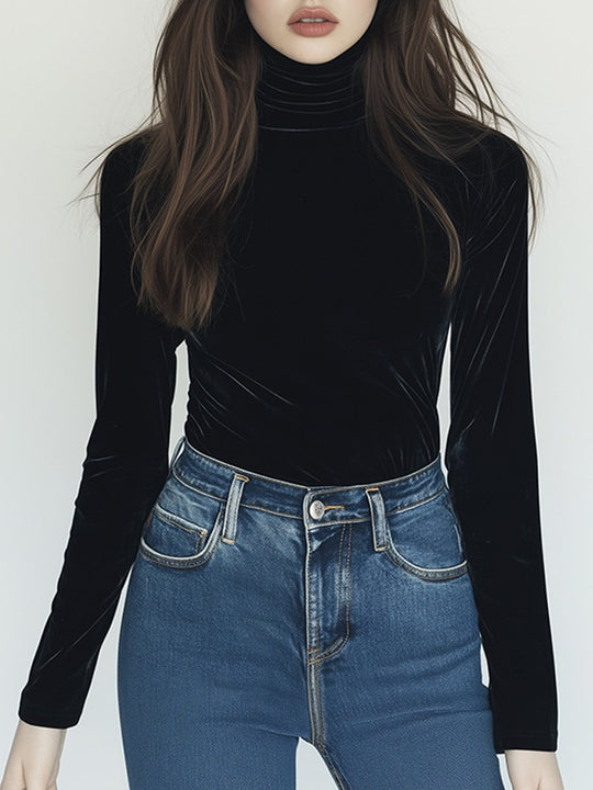 Black Vintage Velvet Slim Turtleneck Shirt