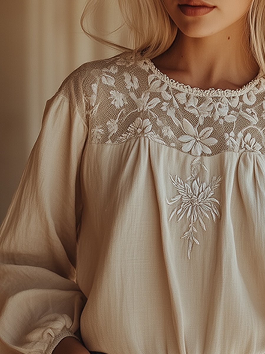 Romantic Lace Embroidery Lantern Sleeve Cotton and Linen Shirt