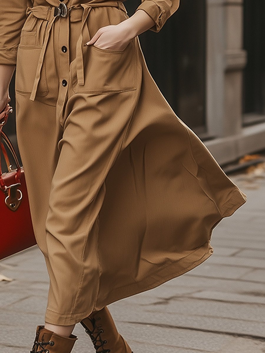 Chic Belted Trench-Style with Utility Charm Midi Dress