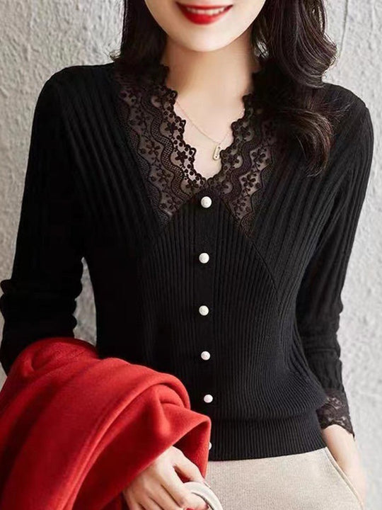 V-neck Lace Slim-fit Long-sleeved Sweater