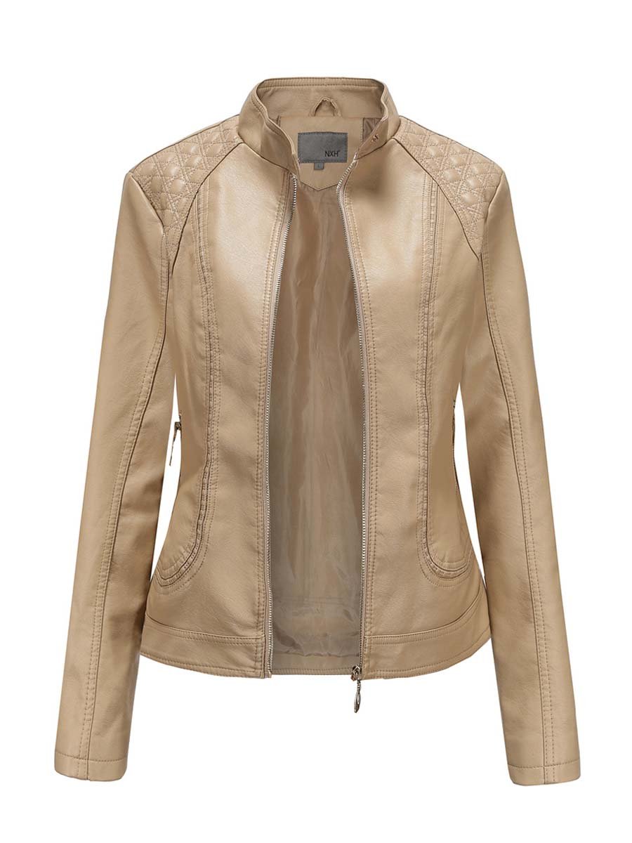 Women's Stand Collar Diamond Leather Biker Jacket