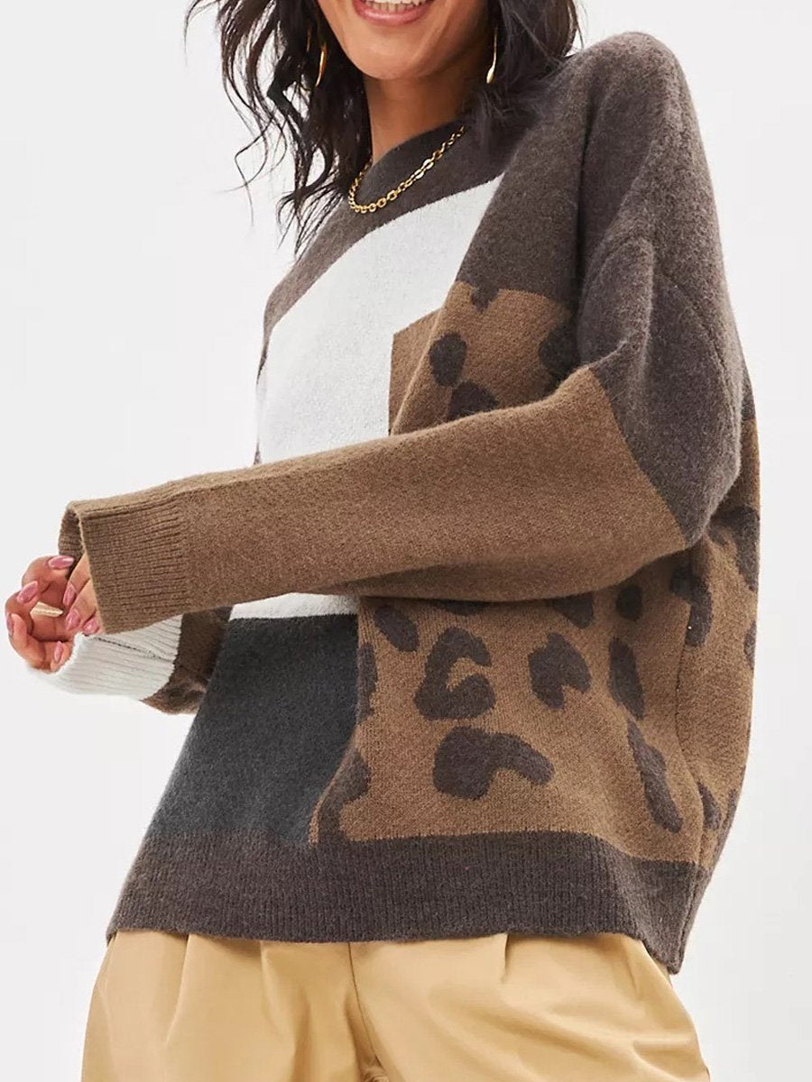 Fashionable Retro Loose-Fit Leopard Print Pullover Knit Sweater