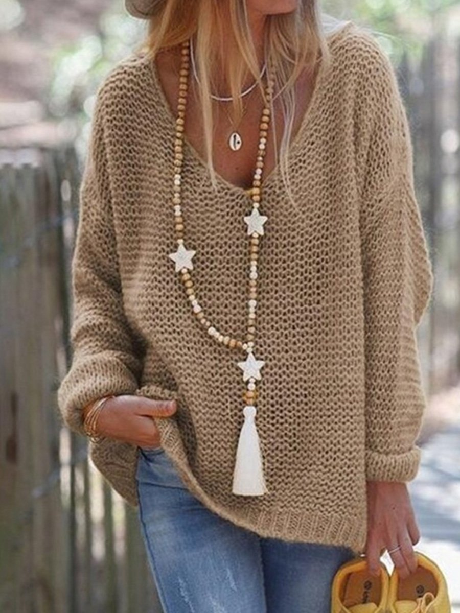 Casual Loose Long-sleeved V-neck Knitted Pullover