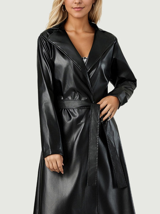 Fashionable Black Waisted and Long Leather Trench Coat