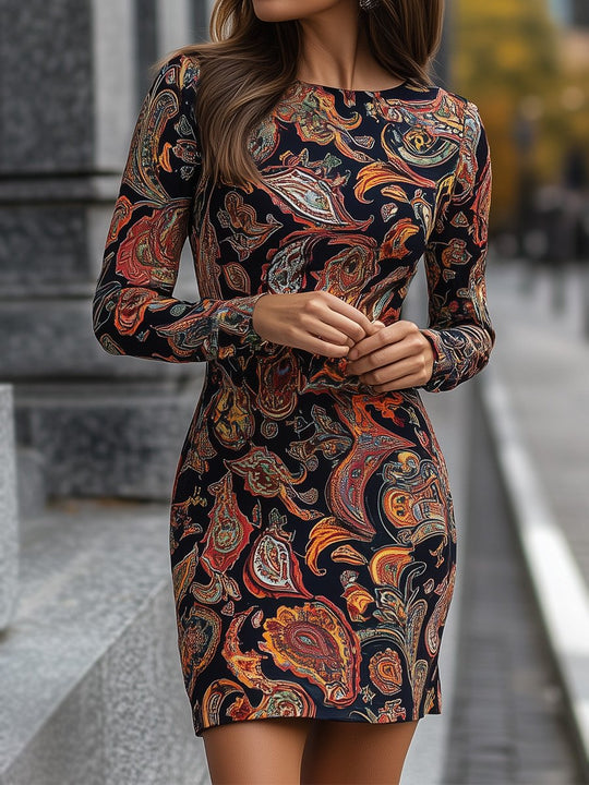 Women's Retro Printed Round Neck Long Sleeve Bodycon Dress