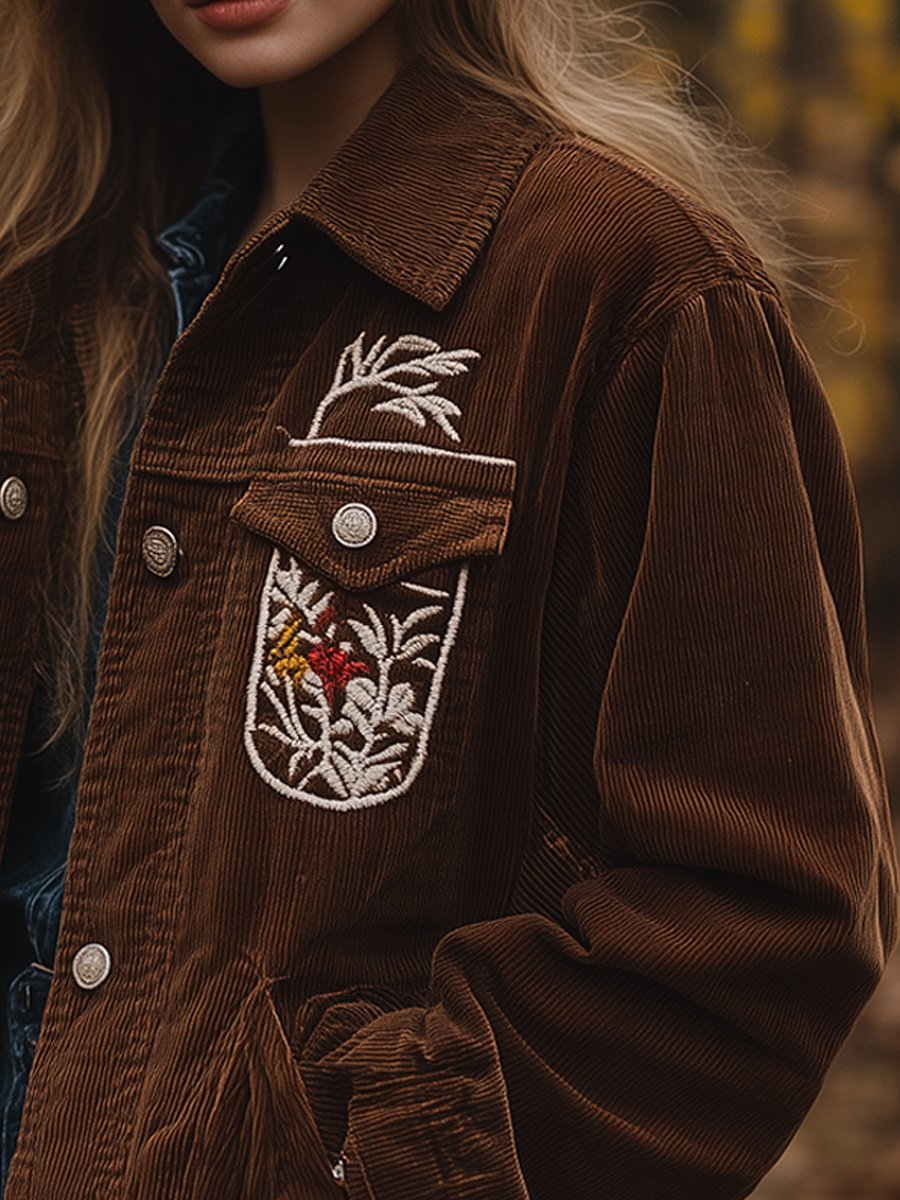 Vintage Brown Embroidered Corduroy Lined Jacket