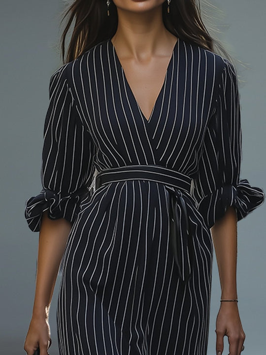 Casual Striped Commuting Waist Long-sleeved Maxi Dress