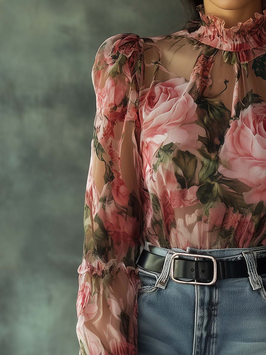 Romantic Rose Sheer Blouse with Ruffled Elegance