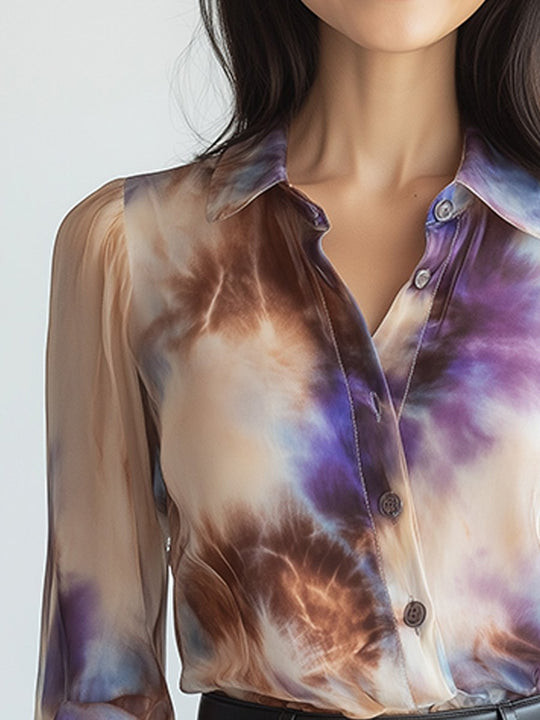 Elegant Tie-dye Satin Long-sleeved Shirt