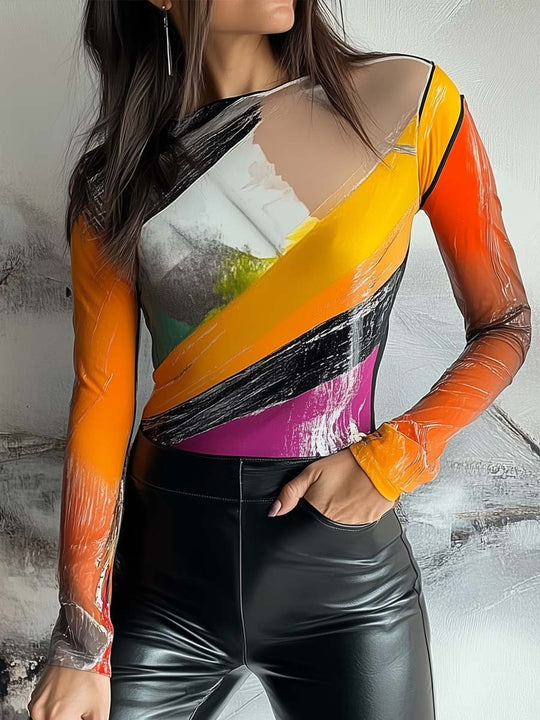 Abstract Colorblock Bodycon Top