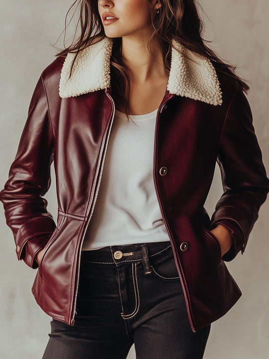 Button Down Removable Lambskin Collar Leather Jacket