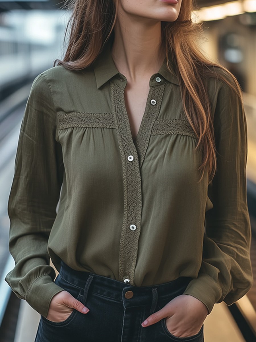 Elegant Button-down Lace Detail Sophisticated Shirt