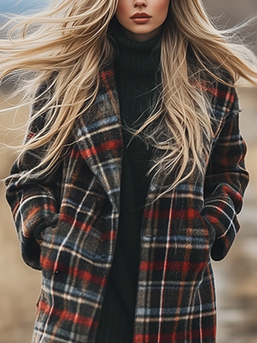 Casual Loose Retro Pocket Woolen Plaid Mid-Length Coat