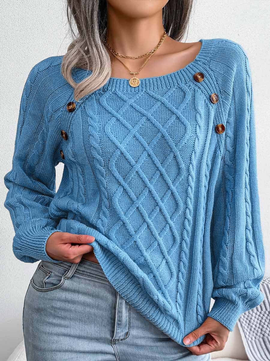 Square Neck Button Cable Knit Pullover