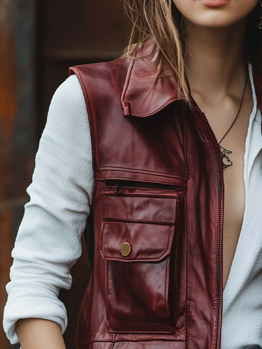 Women's Vintage Zipper Multi-Pocket Leather Waistcoat