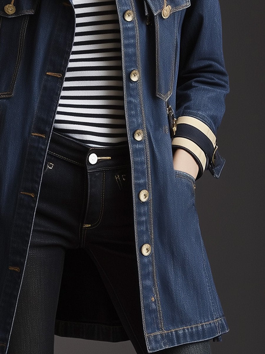 Blue Classic Denim Multi-Pocket Midi Jacket