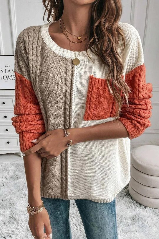 Stylish Color-Block Cable Knit Textured Pocket Sweater