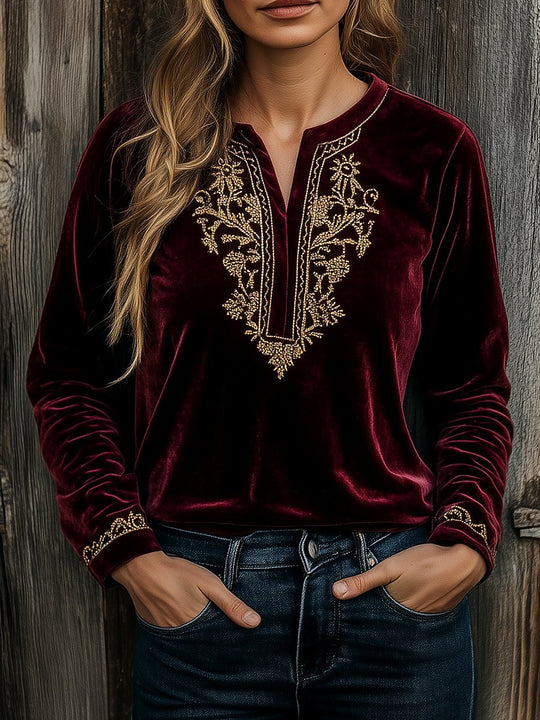 Chic Golden Embroidery Long Sleeves Velvet T-shirt