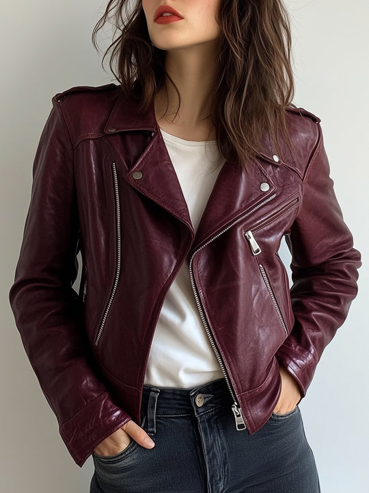 Retro Suit Collar Zipper-up Leather Biker Jacket