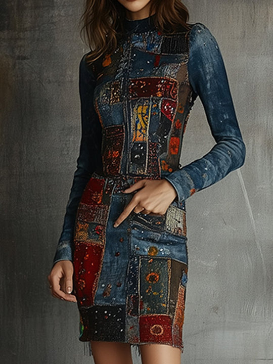 Artistic Patchwork Denim-Inspired Bodycon Dress