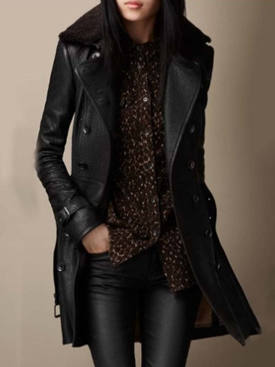 Women's Lapel Slim Mid-Length Leather Jacket