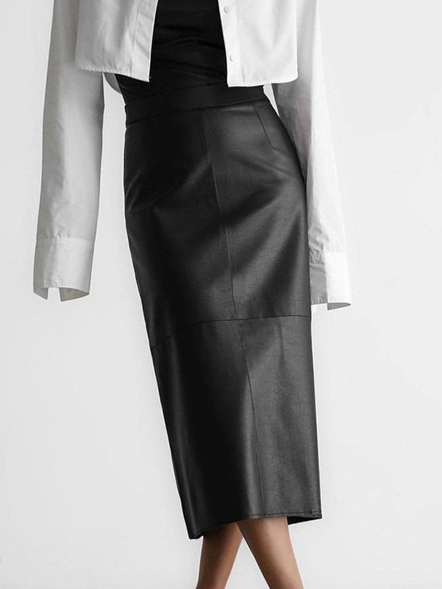 Stylish High Waist Leather Straight Skirt