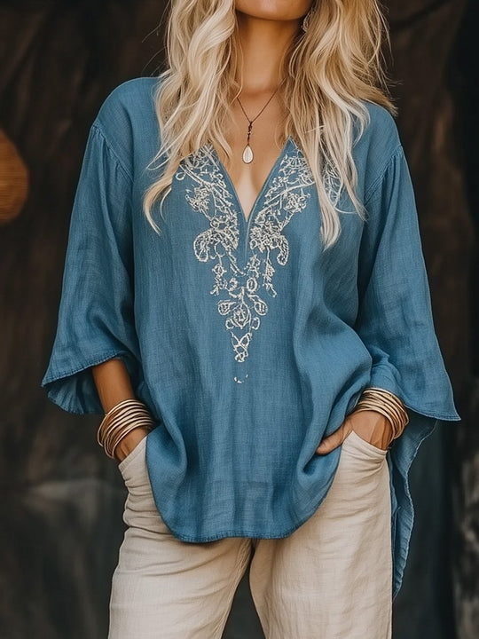 Casual V-neck Cotton and Linen Embroidered Top