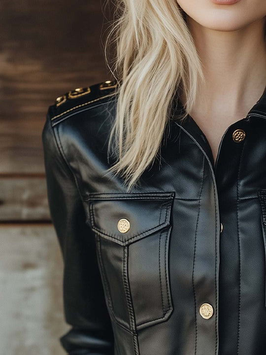 Vintage Gold Button Long sleeves Leather Shirt