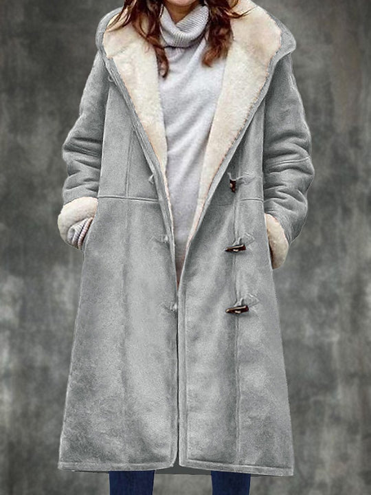 Suede Solid Color Horn Button Pocket Long Thick Plush Coat