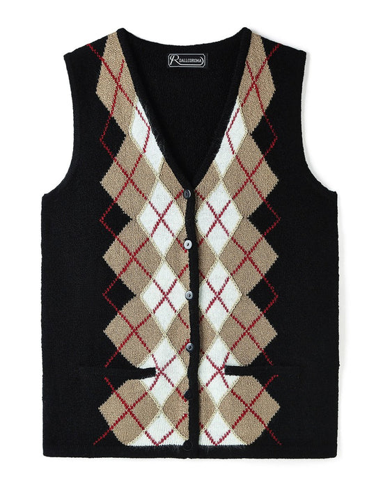 Vintage Hand-Cranked Intarsia Wool Vest Cardigan