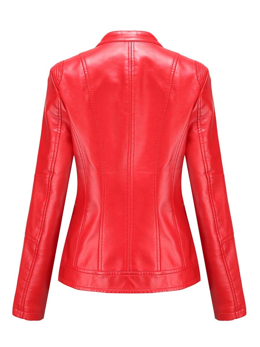 Women's Stand Collar Zipper Cuff Leather Jacket