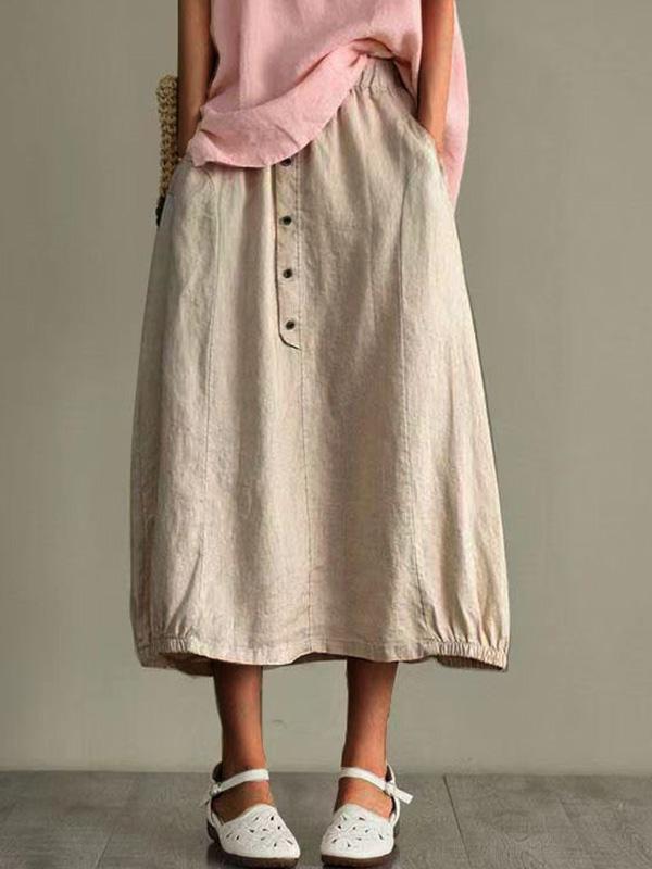 Cotton and Linen Elastic Waist Pocket Button Skirt