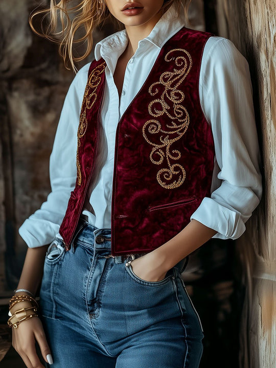 Retro Simple Golden Symmetrical Embroidery Suede Waistcoat