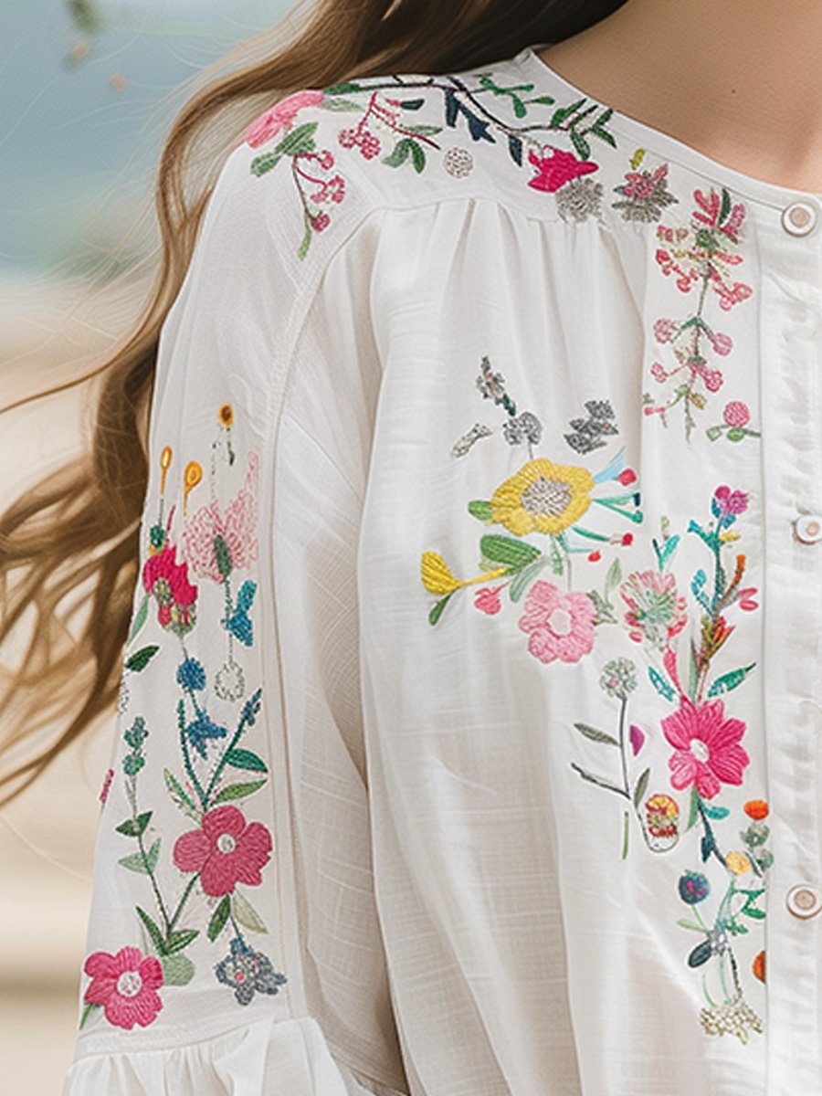 Cotton and Linen Floral Embroidery Long Sleeve Shirt