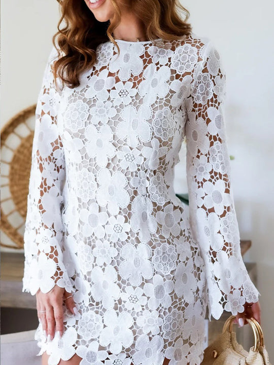 Fashion Round Neck Lace Flower Double Layer Long Sleeve Hollow Dress