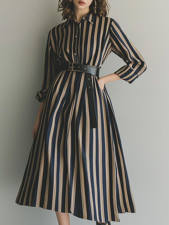 Fashion Striped Waist Long Sleeve Maxi Dress