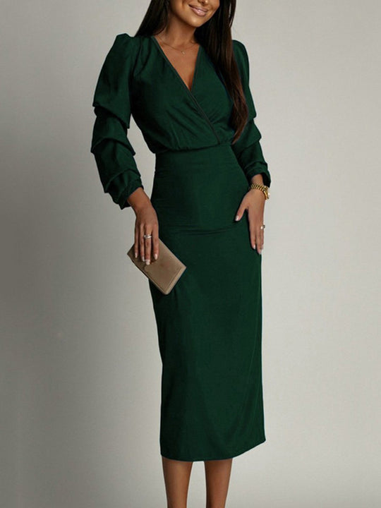 Solid Color Long Sleeve Elegant V-Neck Slit Dress