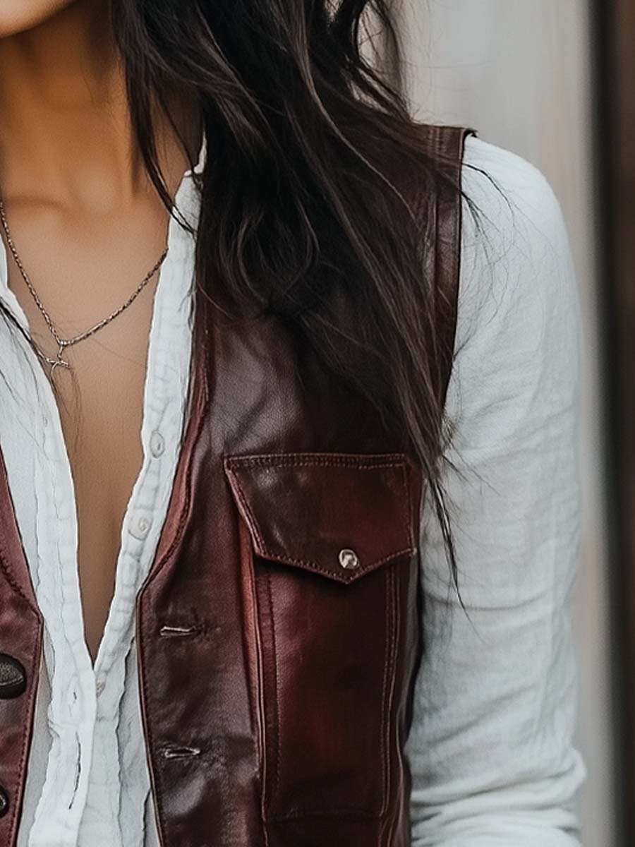 Women's Vintage Burgundy Multi-Pocket Leather Waistcoat