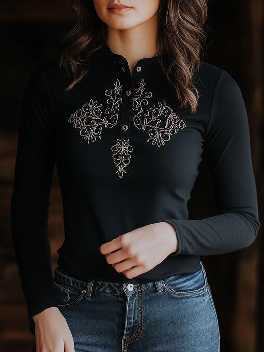 Vintage Henley Collar Embroidery Long Sleeves Cotton T-shirt