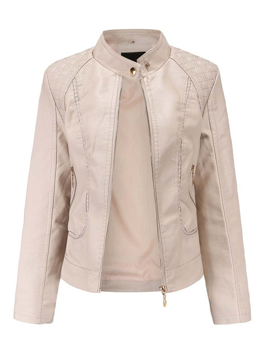 Women's Stand Collar Diamond Leather Biker Jacket