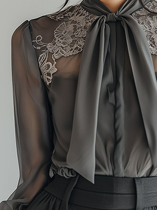 Sophisticated Sheer Lace with Bow-Tie Detail Blouse