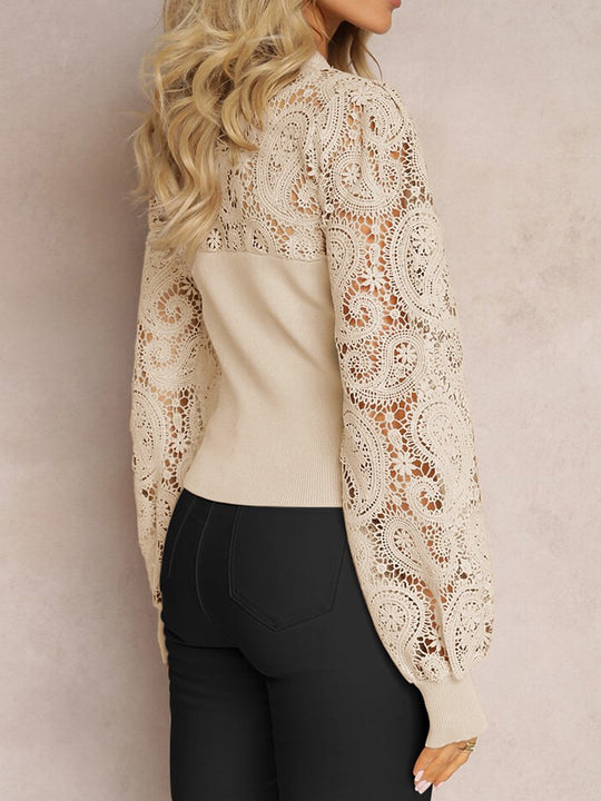 Chic Lace Stitching Hollow Long-sleeved Commuter T-shirt