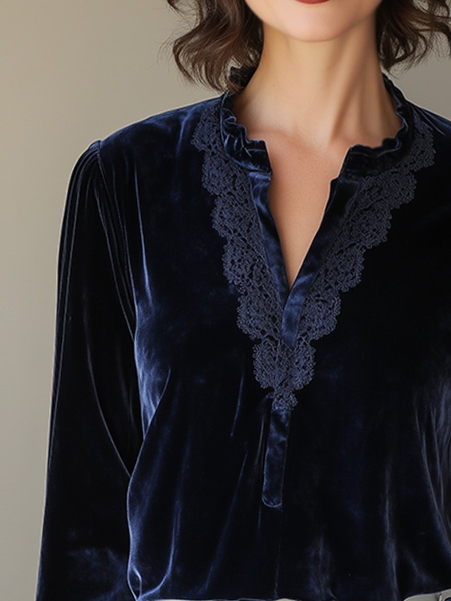 Velvet Lace V-Neck Long Sleeve Shirt