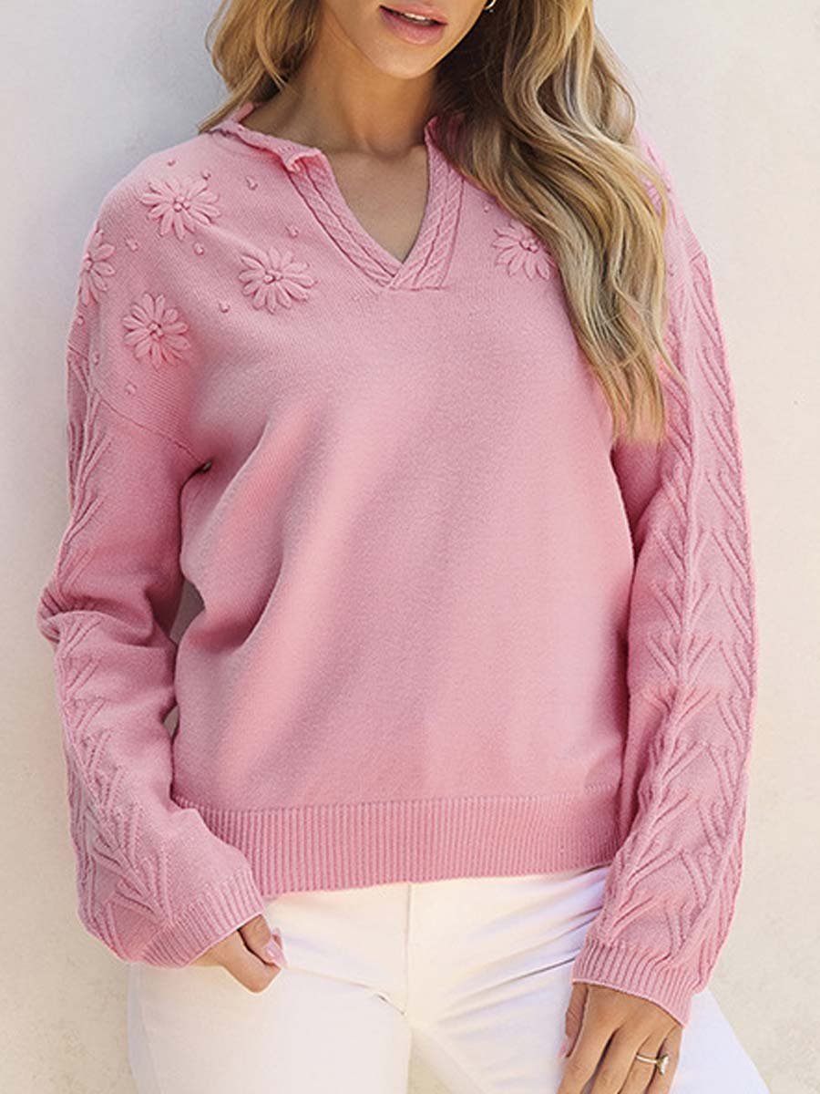 Women's V-Neck Floral Embroideried Versatile Knitted Sweater